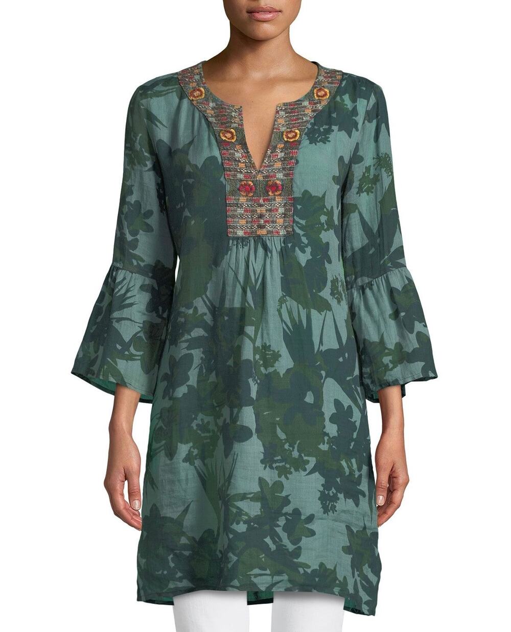 Johnny Was Flare Sleeve Tunic Dress Workshop Embroidered Botanical Ramie Size S
